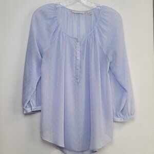 Lauren Conrad Sheer Heart Print Blouse Blue & White 3/4 Sleeve Size Medium